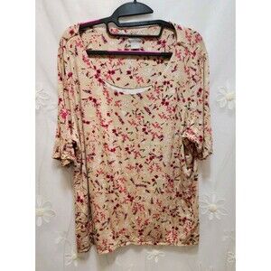 Chicos 3 Womens XL Beige Pink Blouse Scoop Neck Floral Botanical Cherry Blossom